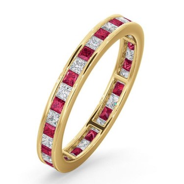 18ct Yellow Gold Channel Set Princess Cut Full Eternity Ring Diamond 0.50ct Ruby 0.60ct G VS