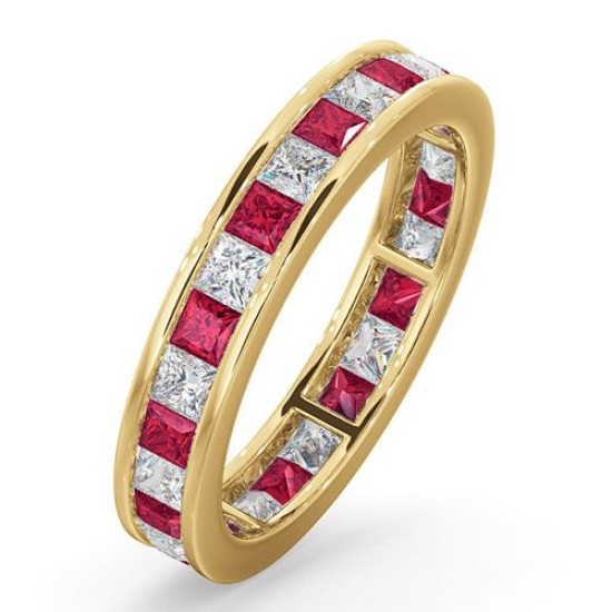 18ct Yellow Gold Channel Set Princess Cut Full Eternity Ring Diamond 1.00ct Ruby 1.25ct GVS