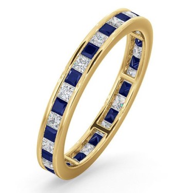 18ct Yellow Gold Channel Set Princess Cut Full Eternity Ring Diamond 0.50ct Saph 0.70ct G VS