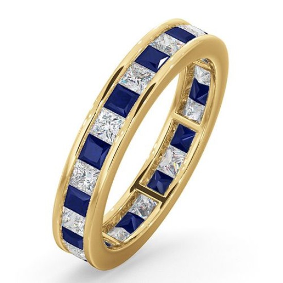 18ct Yellow Gold Channel Set Princess Cut Full Eternity Ring Diamond 1.00ct Saph 1.30ct H Si