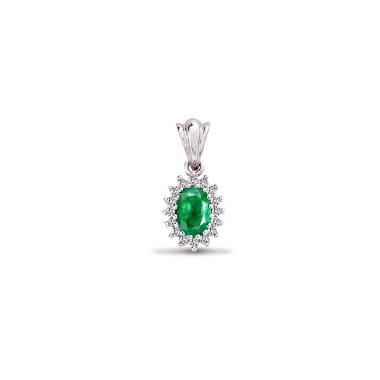 9ct White Gold Diamond And Emerald Pendant