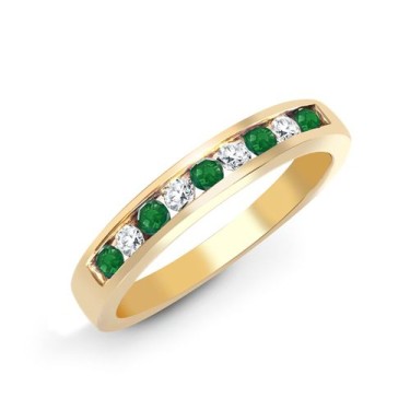 9ct Yellow Gold Diamond And Emerald Half Eternity Ring