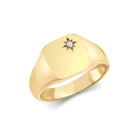 9ct Yellow Gold 0.06cts Diamonds Star-set Cushion Signet Ring