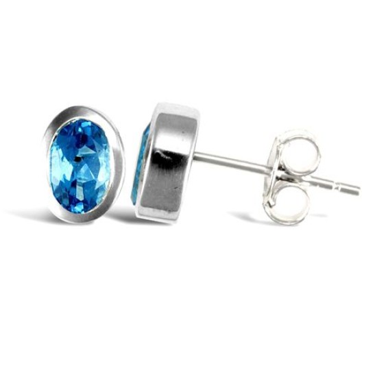 925 Sterling Silver Blue Topaz Oval Stud Earrings