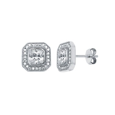 925 Silver Square CZ Set Halo Stud Earrings