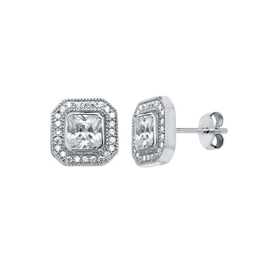 925 Silver Square CZ Set Halo Stud Earrings