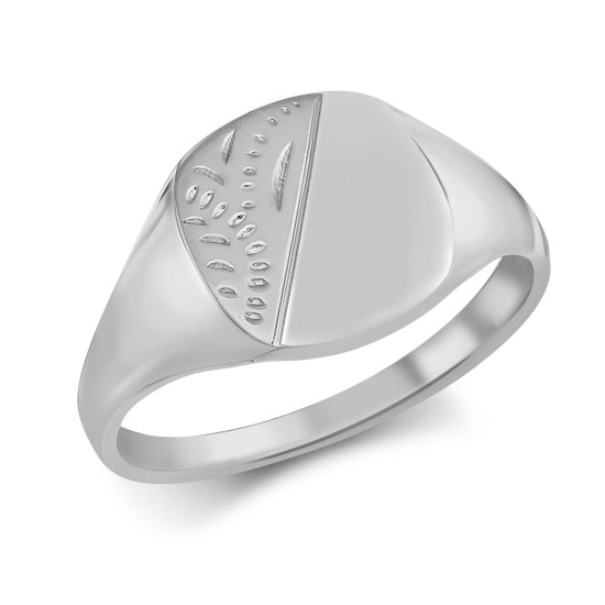 JN Jewellery 925 Silver Cushion Shape Half Engraved Signet Ring