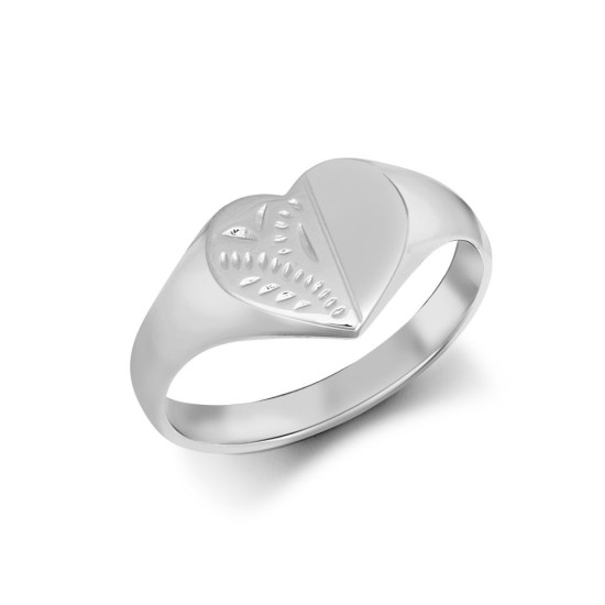 JN Jewellery 925 Silver Heart Shape Half Engraved Signet Ring