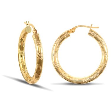 9ct Yellow Gold Zebra Hoop Earrings - 3mm Tube