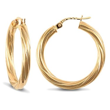 9ct Yellow Gold Twist Hoop Earrings - 3mm Tube