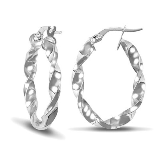 9ct White Gold Oval Twist Hoop Earrings