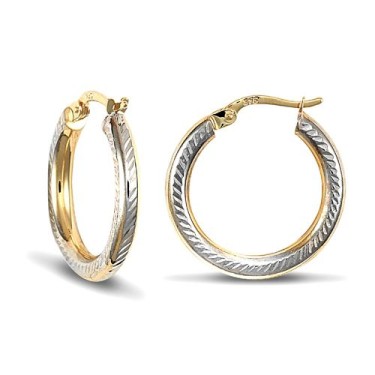 9ct Yellow And White Gold Diamond Cut Hoop Earrings