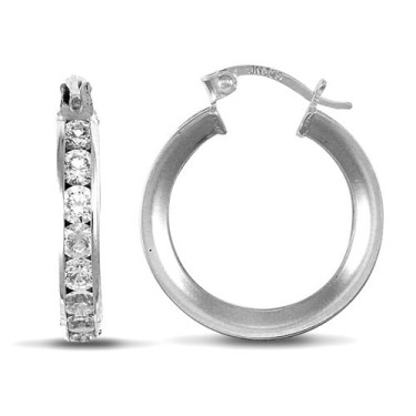9ct White Gold Channel Set Cubic Zirconia Hoop Earrings