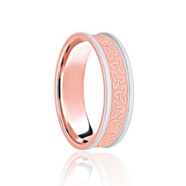 18ct Rose & White Flat Court 7mm Celtic Laser Engraved Wedding Band 7mm