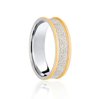 18ct White & Yellow Flat Court 8mm Celtic Laser Engraved Wedding Band 8mm