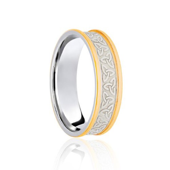 9ct White & Yellow Flat Court 7mm Celtic Laser Engraved Wedding Band