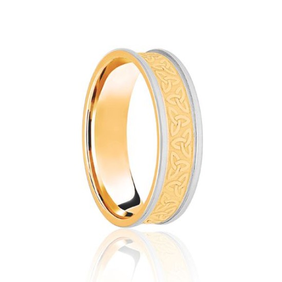 18ct Yellow & White Flat Court 8mm Celtic Laser Engraved Wedding Band