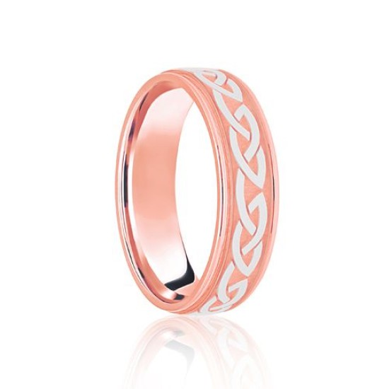 18ct Rose & White Flat Court 5mm Celtic Laser Engraved Wedding Band