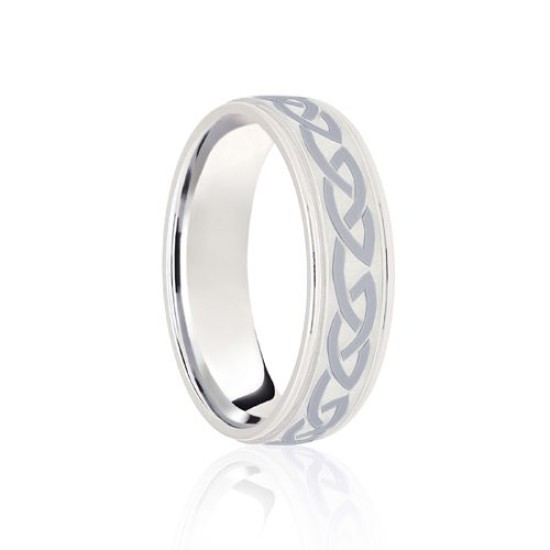 Platinum Flat Court 8mm Celtic Laser Engraved Wedding Band