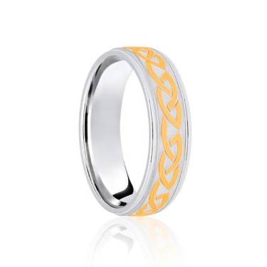 9ct White & Yellow Flat Court 5mm Celtic Laser Engraved Wedding Band 5mm