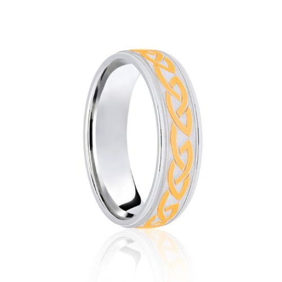 9ct White & Yellow Flat Court 5mm Celtic Laser Engraved Wedding Band