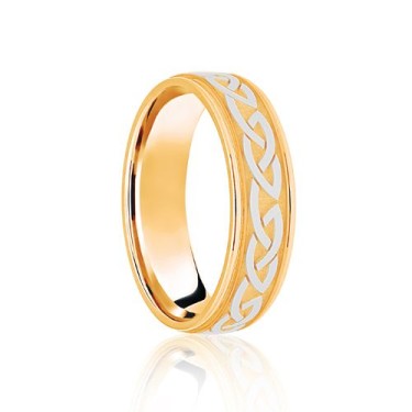18ct Yellow & White Flat Court 8mm Celtic Laser Engraved Wedding Band 8mm