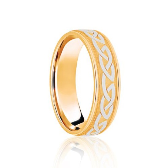 18ct Yellow & White Flat Court 8mm Celtic Laser Engraved Wedding Band