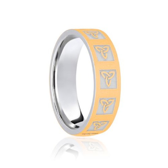 9ct White & Yellow Flat Court 7mm Celtic Laser Engraved Wedding Band