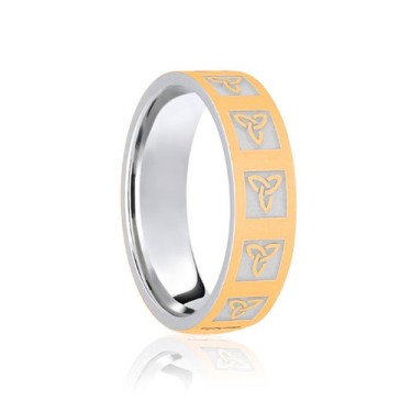 9ct White & Yellow Flat Court 8mm Celtic Laser Engraved Wedding Band 8mm