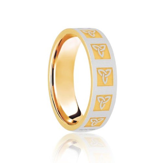 9ct Yellow & White Flat Court 6mm Celtic Laser Engraved Wedding Band