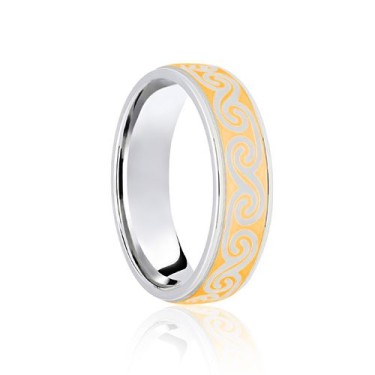 9ct White & Yellow Flat Court 6mm Celtic Laser Engraved Wedding Band 6mm
