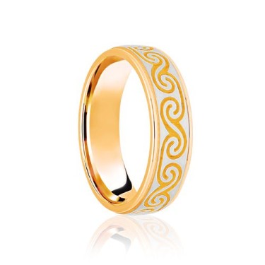 9ct Yellow & White Flat Court 5mm Celtic Laser Engraved Wedding Band 5mm