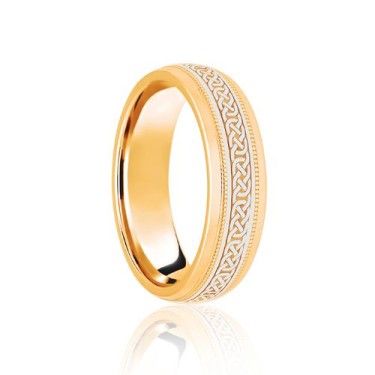 9ct Yellow & White Court 7mm Celtic Laser Engraved Wedding Band 7mm