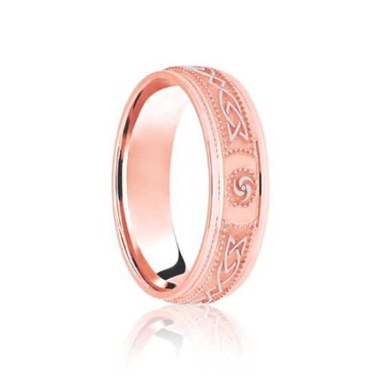 18ct Rose & White Flat Court 6mm Celtic Laser Engraved Wedding Band