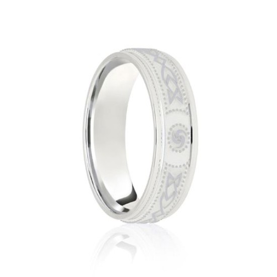 18ct White Flat Court 8mm Celtic Laser Engraved Wedding Band