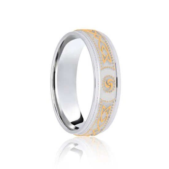 18ct White & Yellow Flat Court 8mm Celtic Laser Engraved Wedding Band