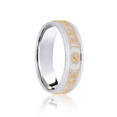 9ct White & Yellow Flat Court 7mm Celtic Laser Engraved Wedding Band 7mm
