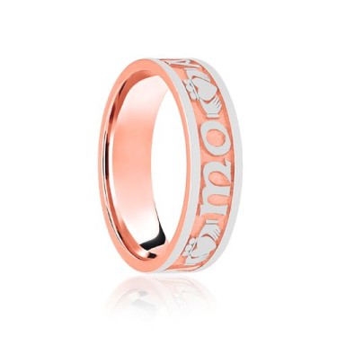 9ct Rose & White Flat Court 7mm Celtic Laser Engraved Wedding Band 7mm