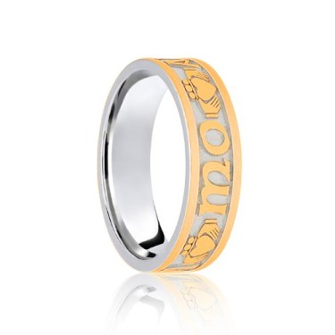 18ct White & Yellow Flat Court 5mm Celtic Laser Engraved Wedding Band 5mm