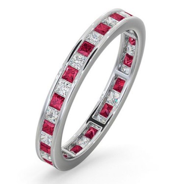 Platinum Channel Set Princess Cut Full Eternity Ring Diamond 0.50ct Ruby 0.60ct G VS