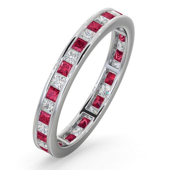 Platinum Channel Set Princess Cut Full Eternity Ring Diamond 0.50ct Ruby 0.60ct G VS