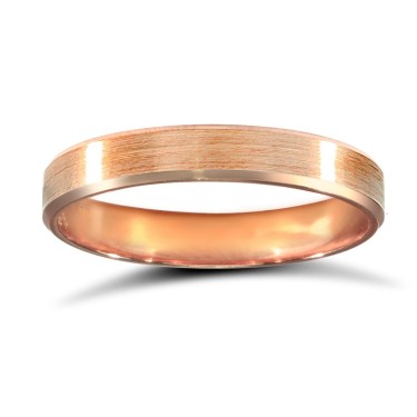 18ct Rose Gold Standard Weight Flat Court Profile Satin and Bevelled Edge Wedding Ring 3mm