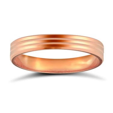 18ct Rose Gold Standard Weight Flat Court Profile Double Groove Wedding Ring 3mm