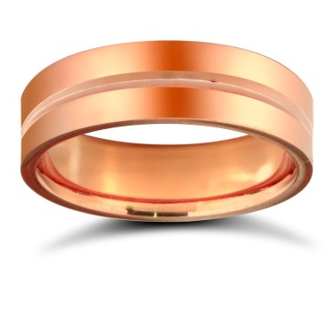 9ct Rose Gold Standard Weight Flat Court Profile Centre Groove Wedding Ring 6mm