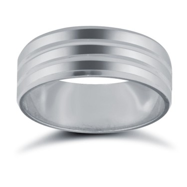 9ct White Gold Standard Weight Flat Court Profile Double Groove Wedding Ring 7mm