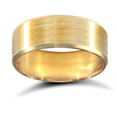 9ct Yellow Gold Standard Weight Flat Court Profile Satin and Bevelled Edge Wedding Ring 7mm