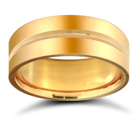 9ct Yellow Gold Standard Weight Flat Court Profile Centre Groove Wedding Ring