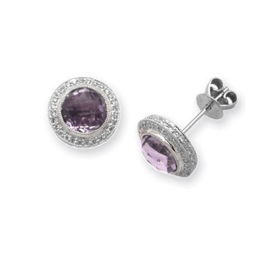 18ct White Gold Diamond And Amethyst Studs